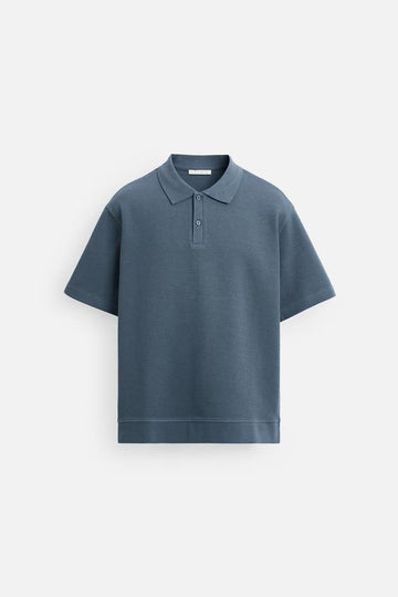 Zara Polo Shirt Com Textura Azul