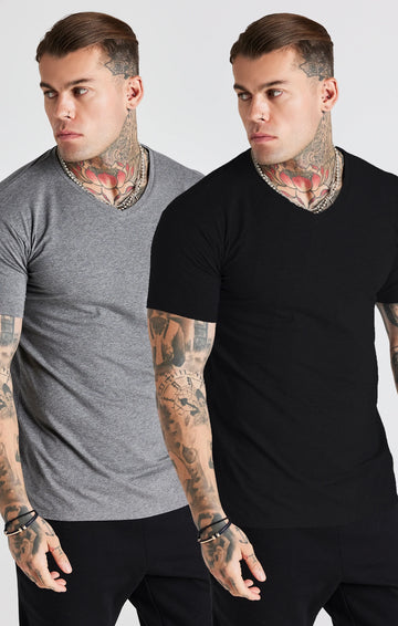 SikSilk T-shirt Lounge V-Neck Tee - Black and Grey Marl