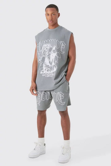 Man Conjunto De T-Shirt Manga Cava Oversized e Calções Cinza