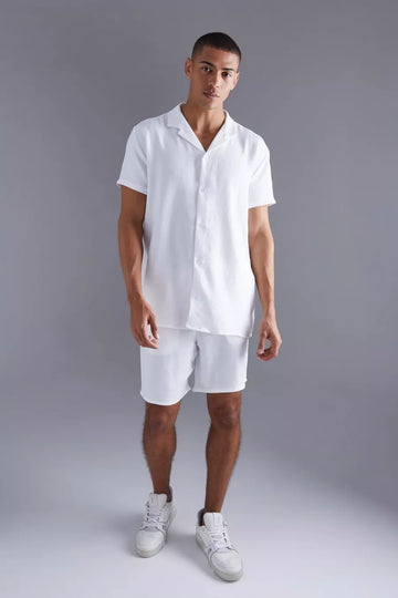 Man Conjunto de Camisa e Calções Linho Branco