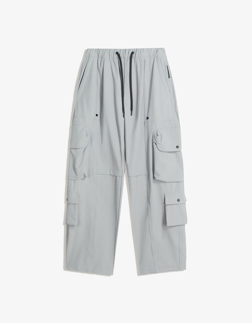 Bershka Calças Baggy Fit Técnicas Cargo Cinza