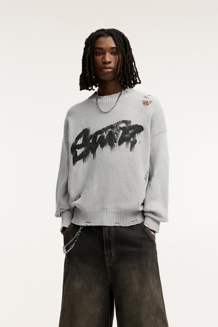 Pull&Bear Blusão Com Rasgões Grafitti STWD Cinza