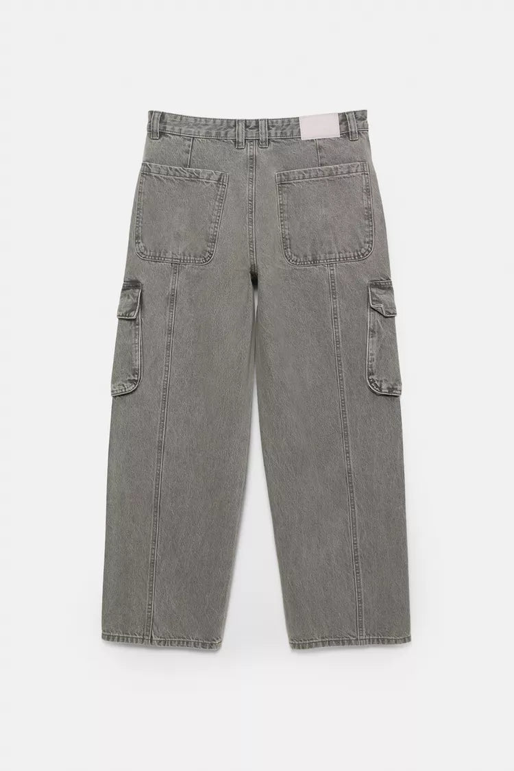 Pull Bear Calças Jeans Cargo Baggy Cinza Escuro