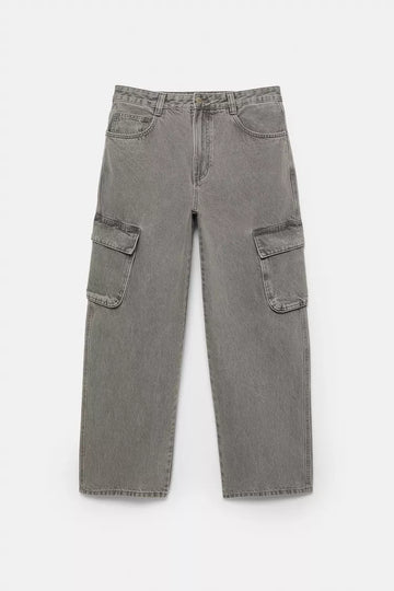 Pull Bear Calças Jeans Cargo Baggy Cinza Escuro