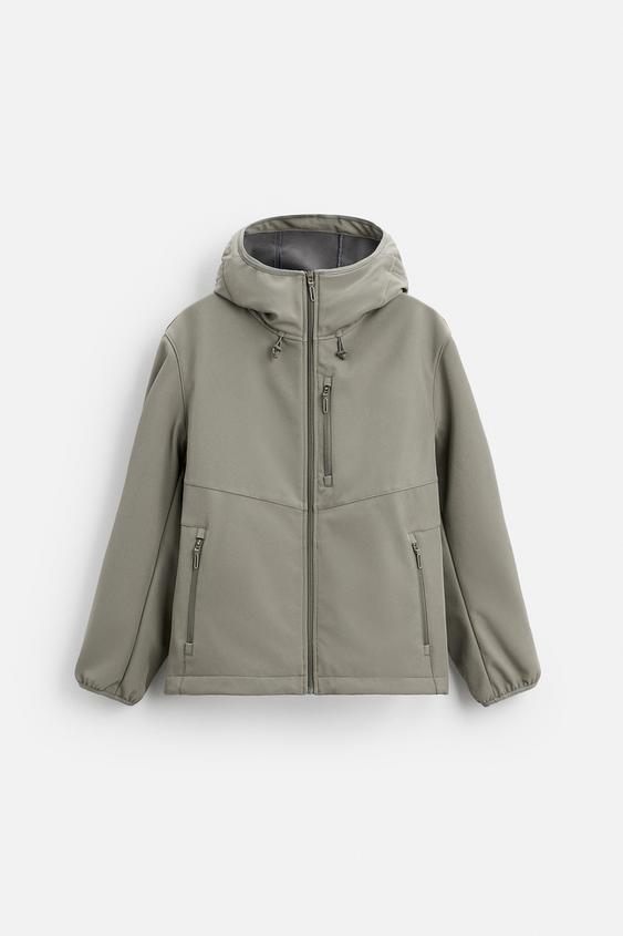 Zara Casaco Técnico Com Capuz Verde-Cinzento