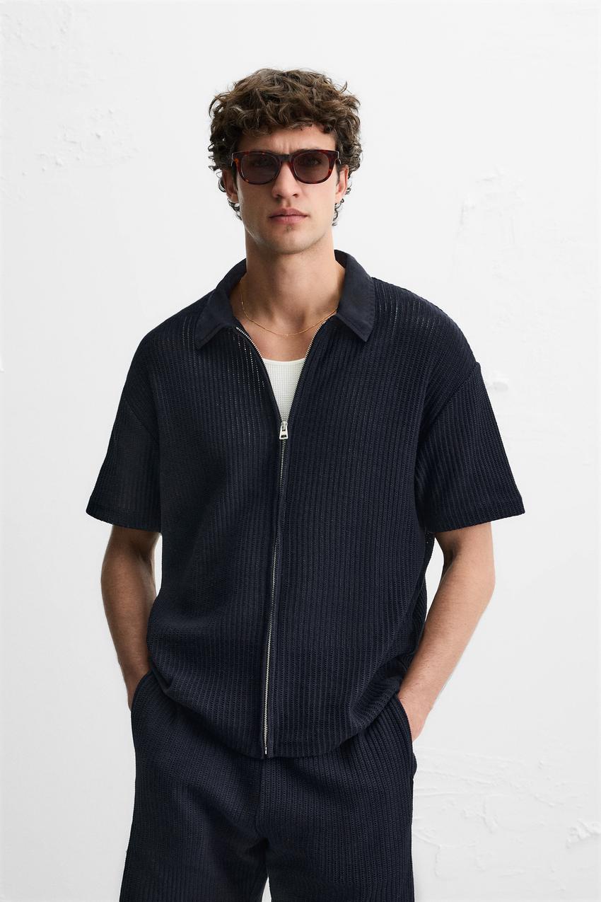 Zara Camisa De Estrutura Zip Azul Marinho