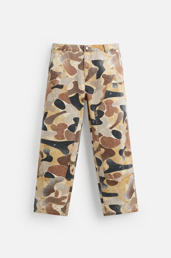 Zara Calças  Com Espampado Abstrato Bege