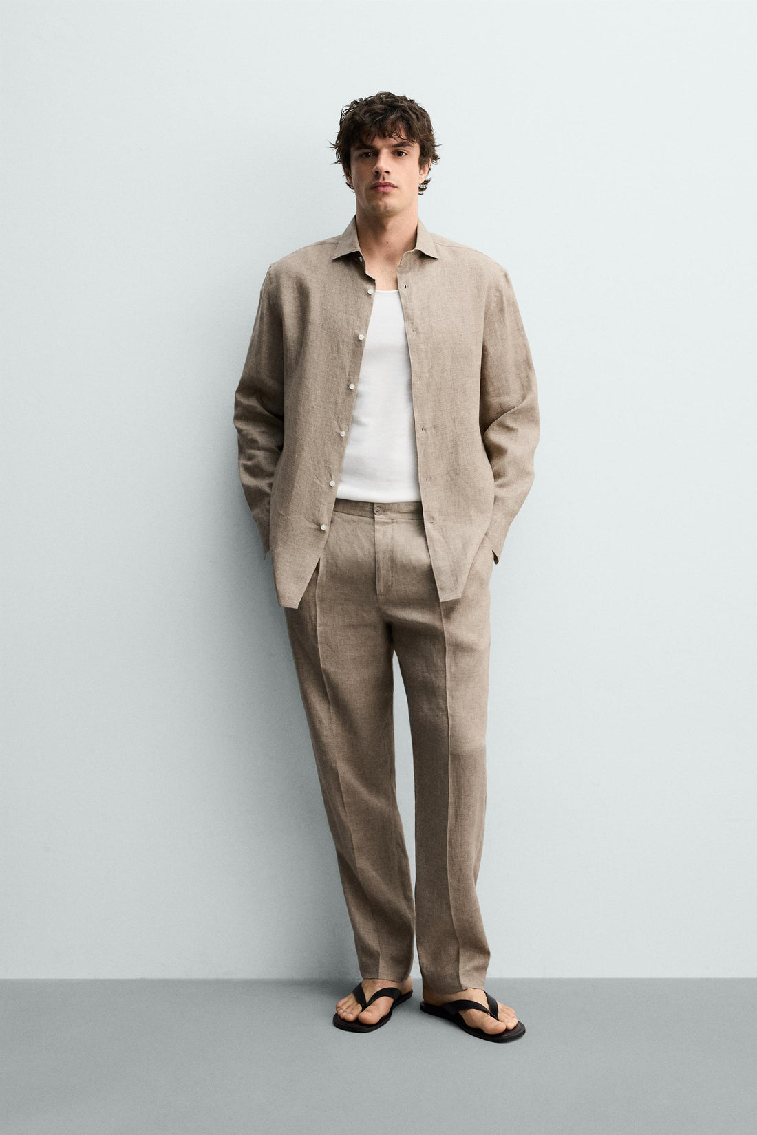 Zara Calça De Linho Regular Fit Creme-Areia