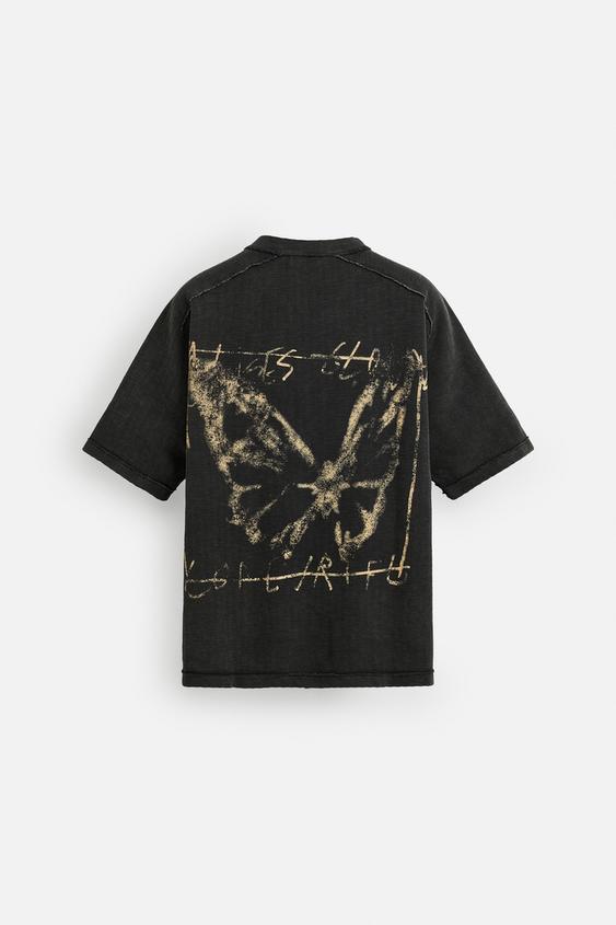 Zara T-shirt Com Malha Estampado Lavado Preto