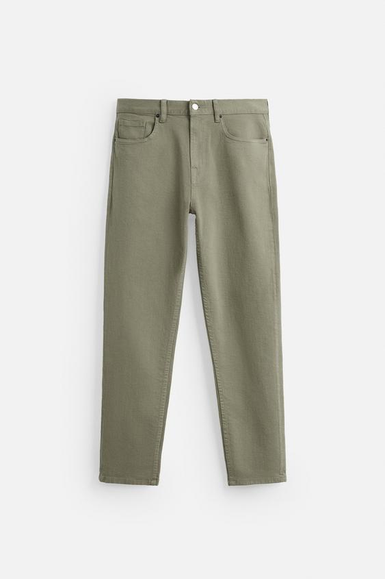Zara Calças Jeans Slim Fit Azul Caqui-Claro