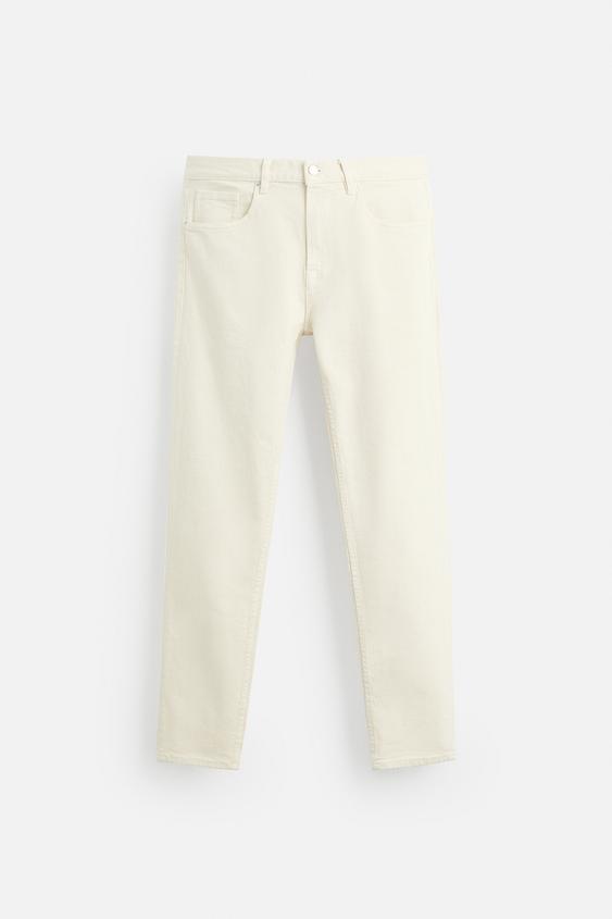 Zara Calças Jeans Slim Fit Bege-Claro