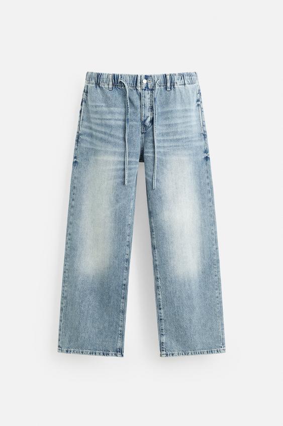 Zara Calças Jeans Relaxed Fit Cintura Azul