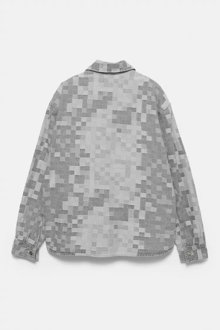 Pull&Bear Casaco Jeans Xadrez Jacquard Cinza