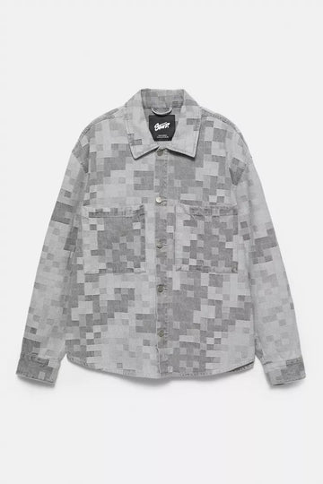 Pull&Bear Casaco Jeans Xadrez Jacquard Cinza