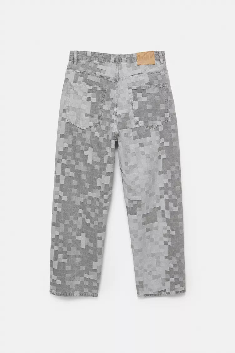 Pull&bear Calças Jeans Baggy Com Quadrados  Cinzento