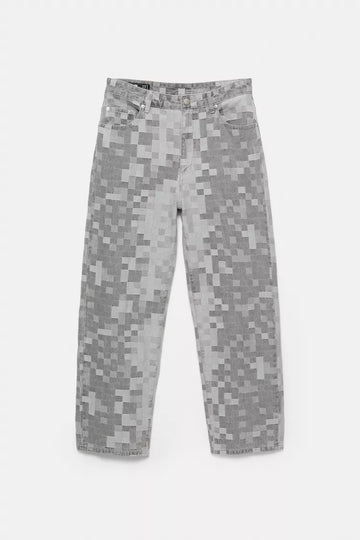 Pull&bear Calças Jeans Baggy Com Quadrados  Cinzento