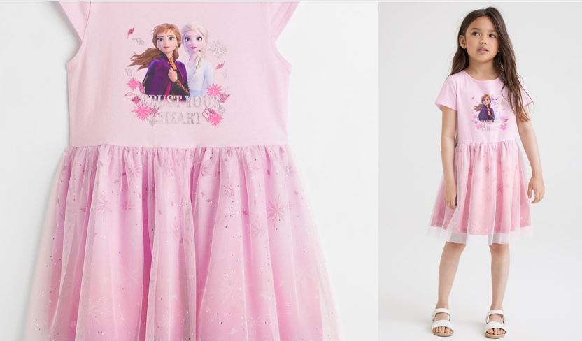 H&amp;M Vestido Em Tule Com Estampado Frozen Rosa Claro