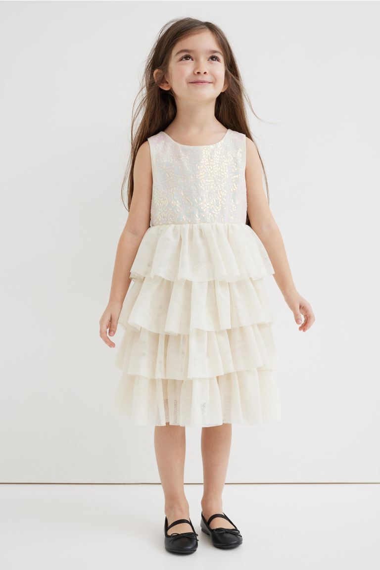 H&amp;M Vestido Em Tule Com Lantejoulas Branco Cru