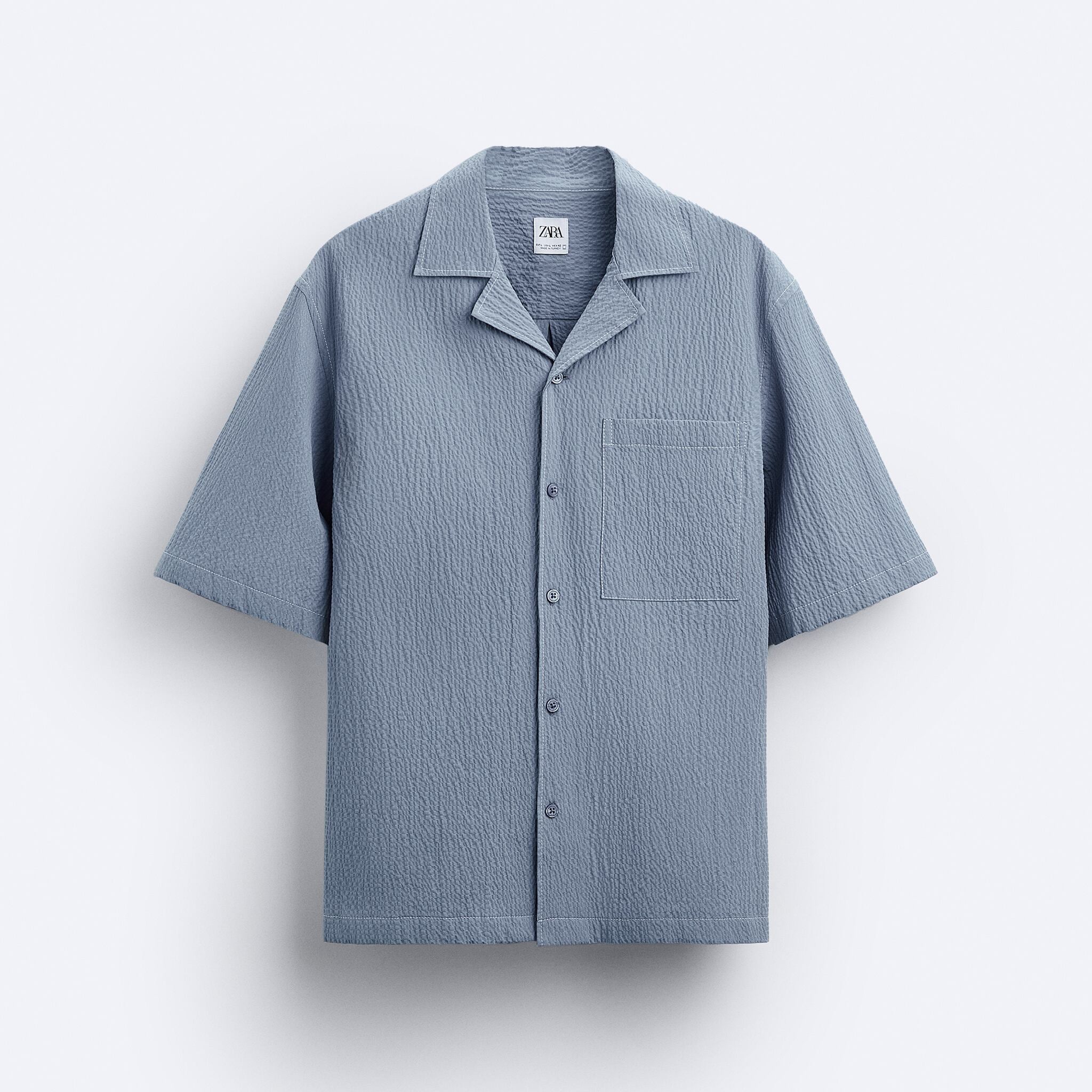Zara Camisa Seersucker Com Porpontos a Contrastar Azul