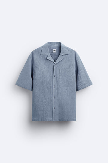 Zara Camisa Seersucker Com Porpontos a Contrastar Azul