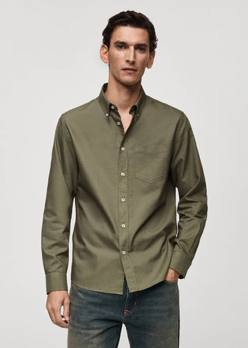 Mango Camisa Oxford Verde Escuro