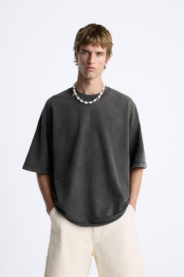 Zara T-Shirt Oversized Cinza Lavado
