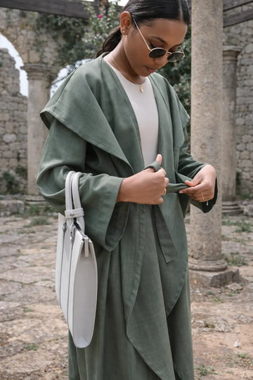 Trench em linho com lapela fluida Verde escuro