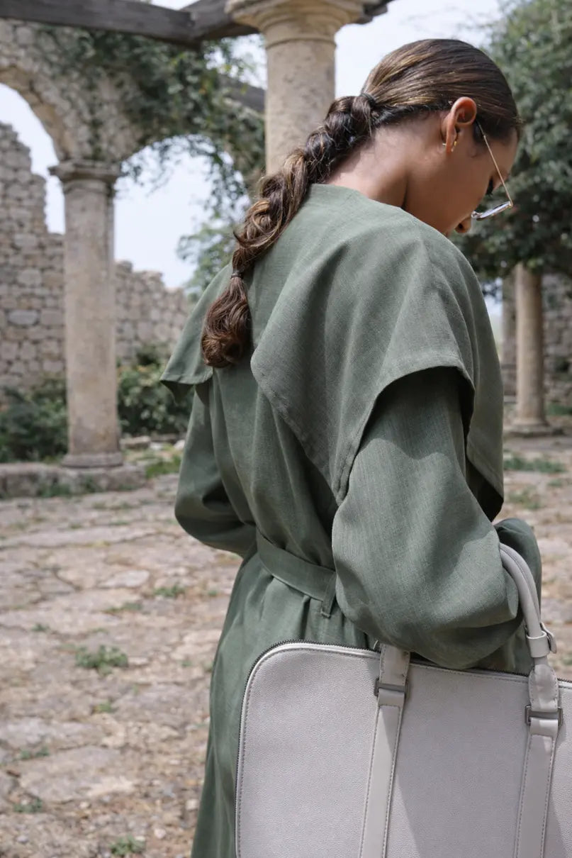Trench em linho com lapela fluida Verde escuro