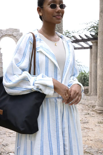 Trench em linho às riscas Azul e branco