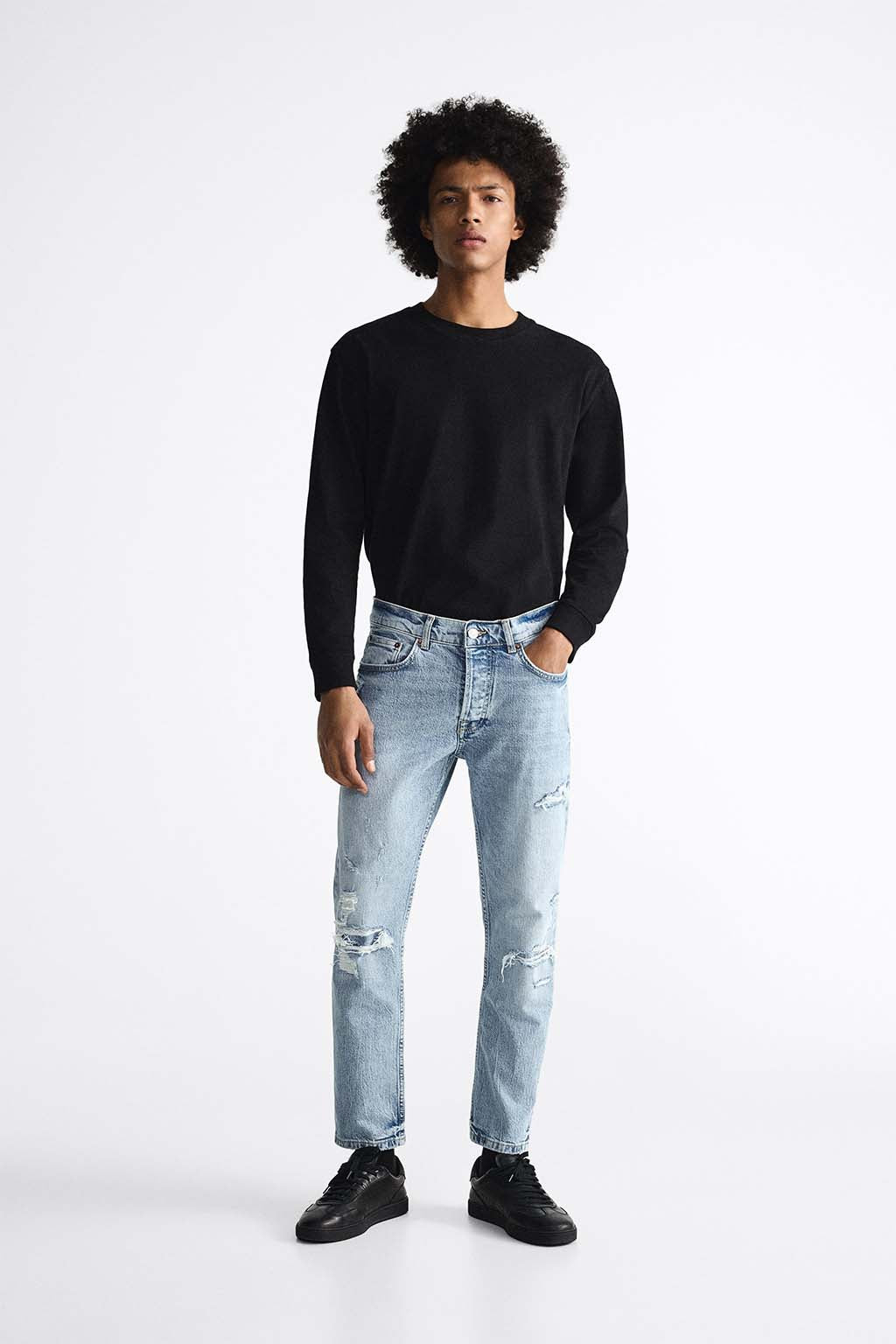 Zara Calça Jeans Com Rasgões Pesponto