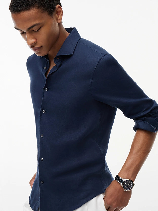Tommy Hilfiger Camisa Slim Em Linho Azul Noite