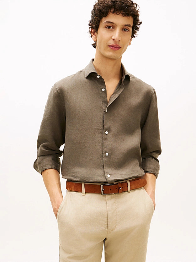 Tommy Hilfiger Camisa Slim Em Linho Caqui