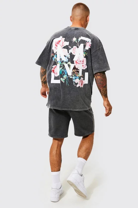 Man T-Shirt Oversized De Grafite Floral Com Efeito De Lavagem