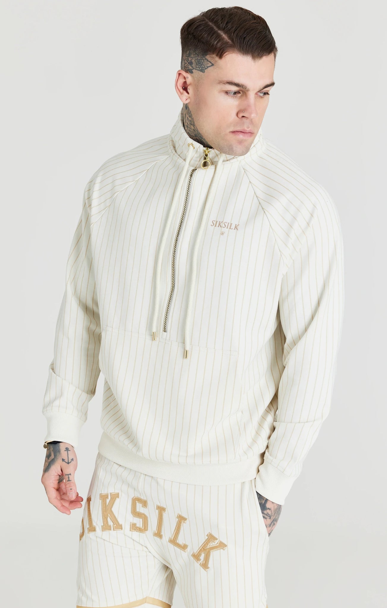 SikSilk Retro Classic Half Zip Funnel Track Top - Ecru &amp; Gold