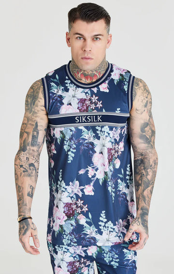 SikSilk T-Shirt Manga Cava Com Estampado Botânica Azul