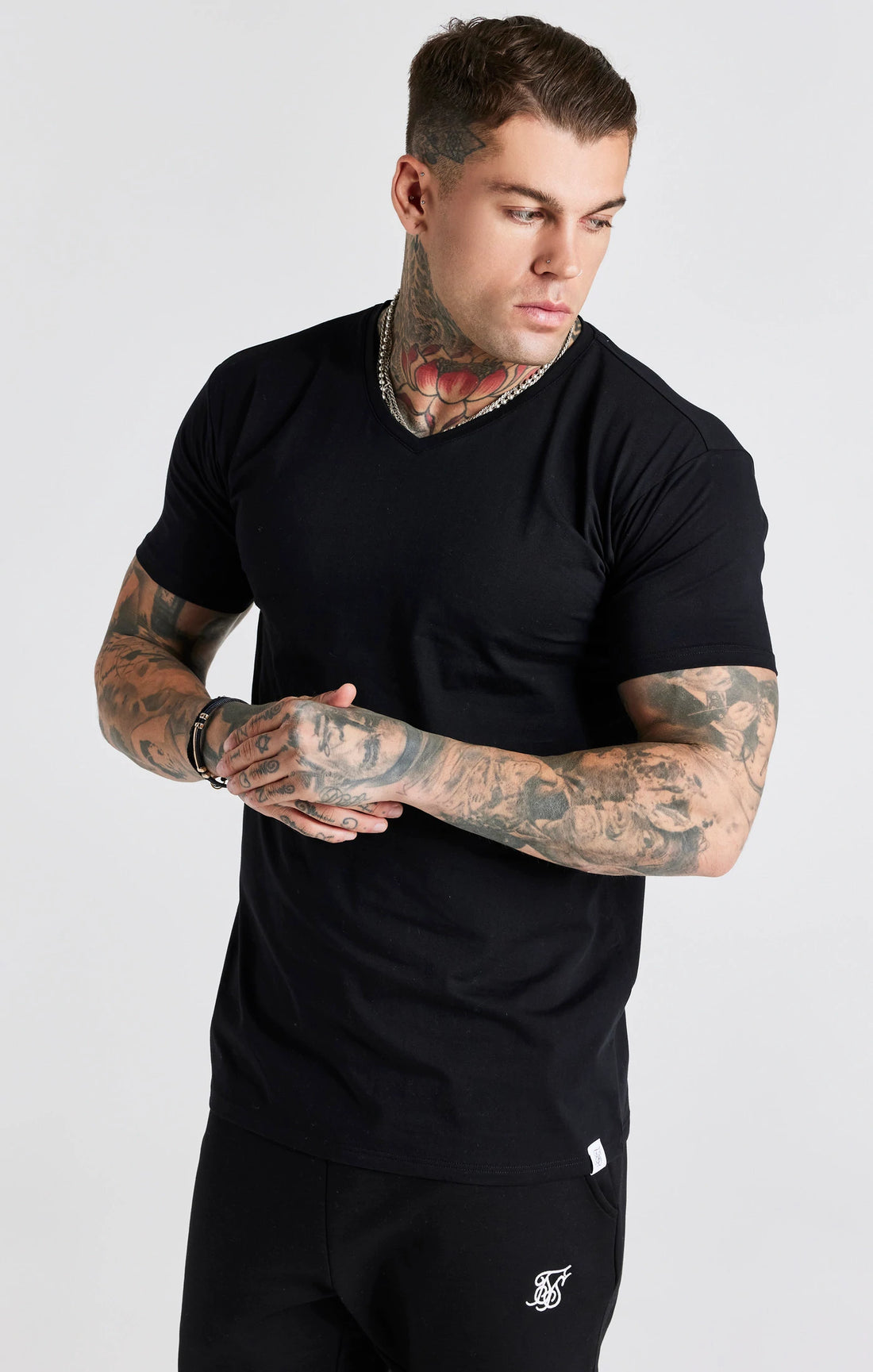 SikSilk T-shirt Lounge V-Neck Tee - Black and Grey Marl