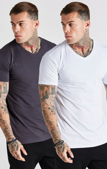 SikSilk V-Neck Tee - White & Dark Grey