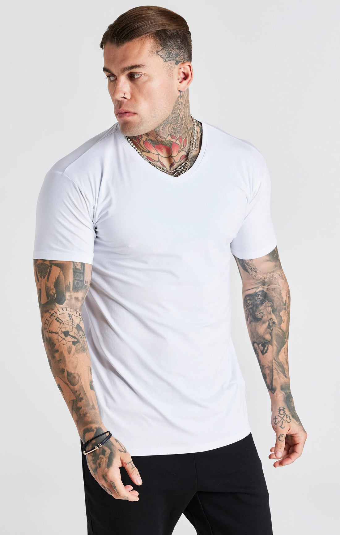 SikSilk V-Neck Tee - White & Dark Grey