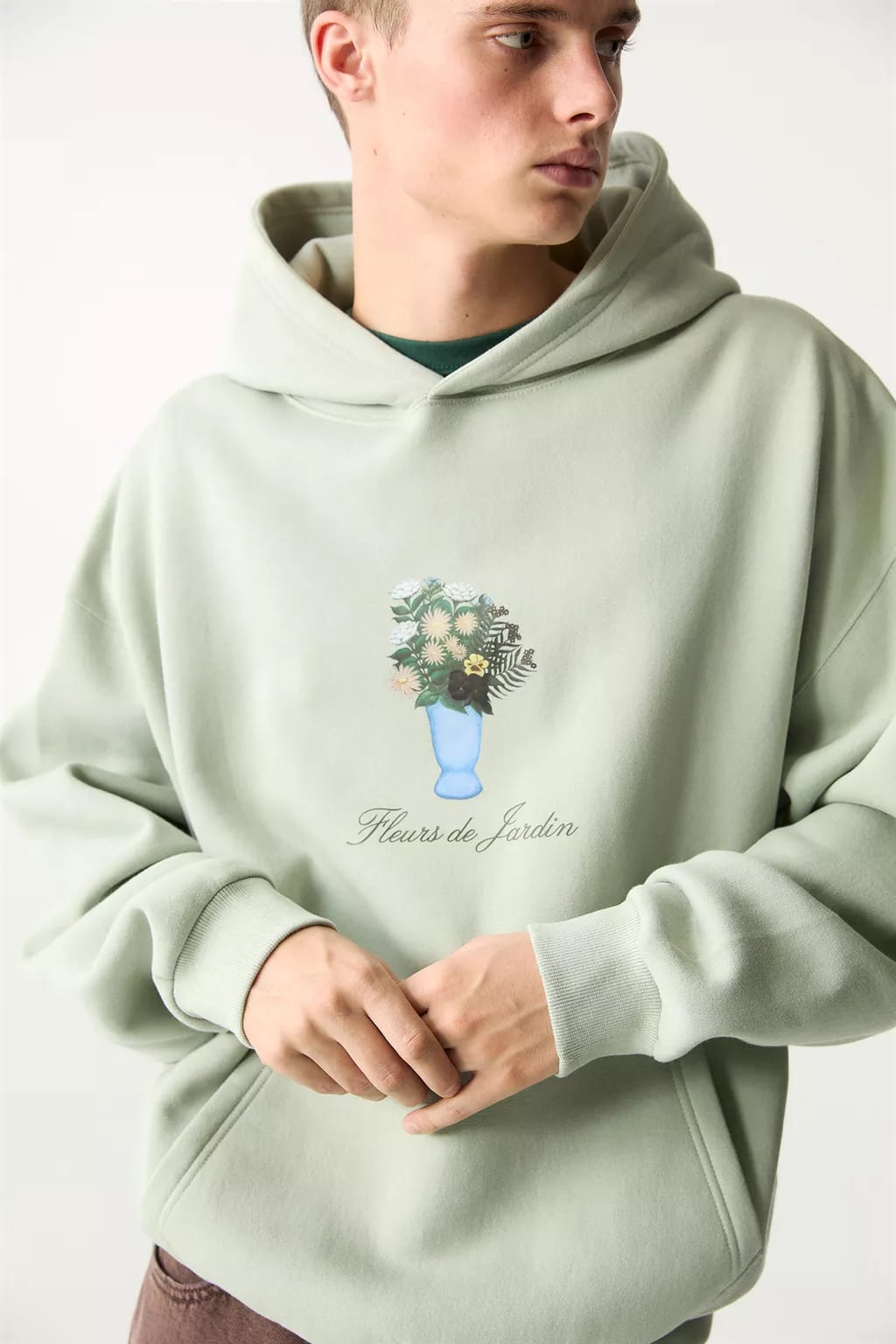 Pull&Bear Hoodie com Capuz Estampado Floral verde