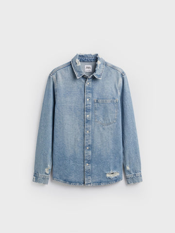 Zara Camisa Denim Com Rasgões