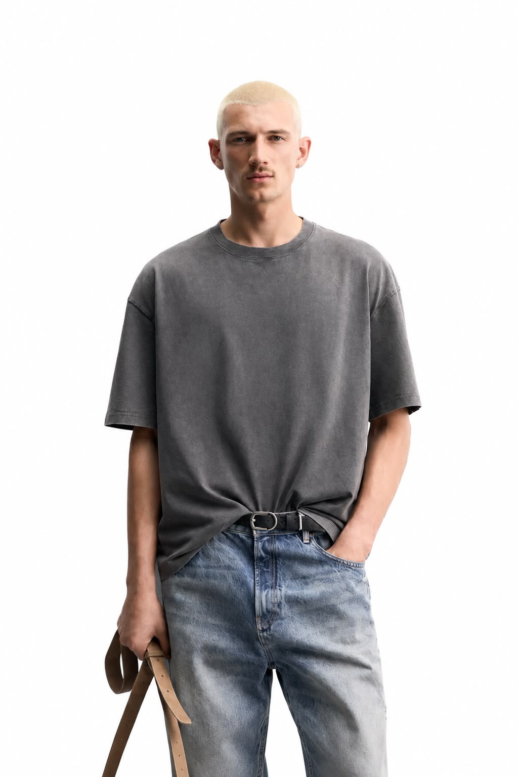 Zara T Shirt Boxy Fit Estrutura Cinza Lavado