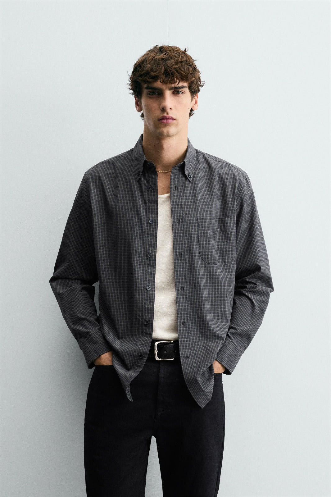 Zara Camisa Com Padrão Xadrez Estruturado Com Tons Cinza