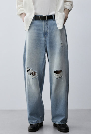 Lefties Calças Jeans Baggy Fit Com Rasgos Azul