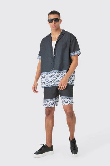 Man Conjunto De T-Shirt e Calções Com Borda De Linho Oversized