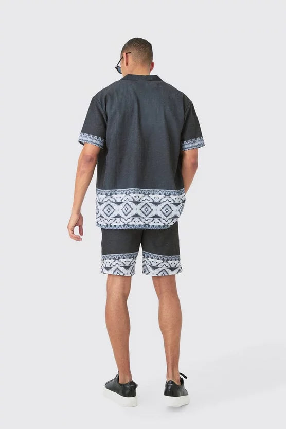 Man Conjunto De T-Shirt e Calções Com Borda De Linho Oversized