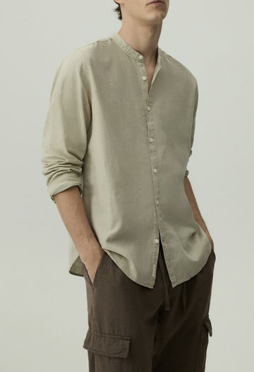 Lefties Camisa De Linho Em Gola Chinesa Verde