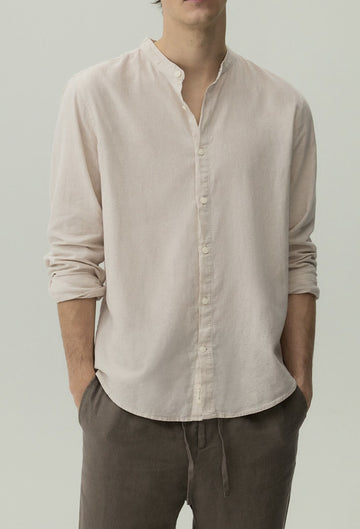 Lefties Camisa De Linho Em Gola Chinesa Creme
