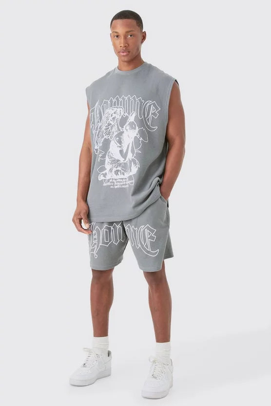 Man Conjunto De T-Shirt Manga Cava Oversized e Calções Cinza