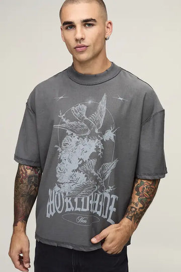 BoohooMan T-shirt Print Exposed Seam Dove Cinza