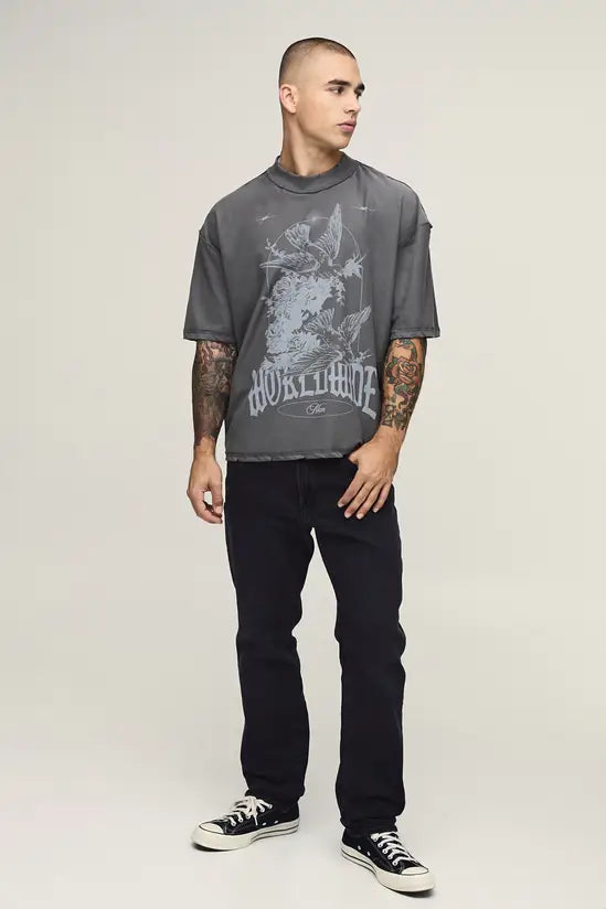 BoohooMan T-shirt Print Exposed Seam Dove Cinza